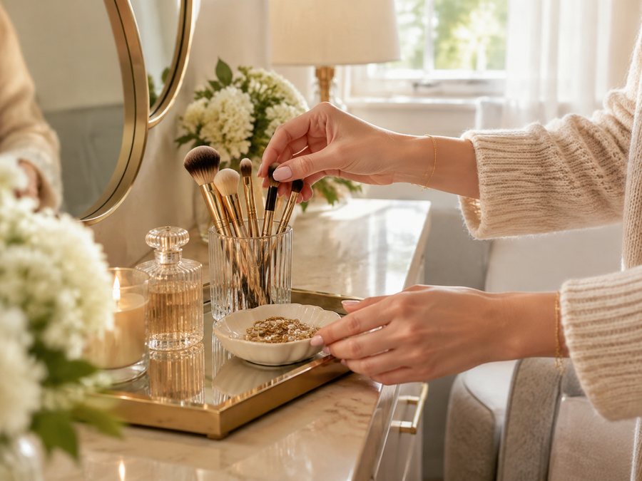 a woman's manicured hands arranging gold-handled brushes and a small jewelry dish on a vanity tray, soft window light