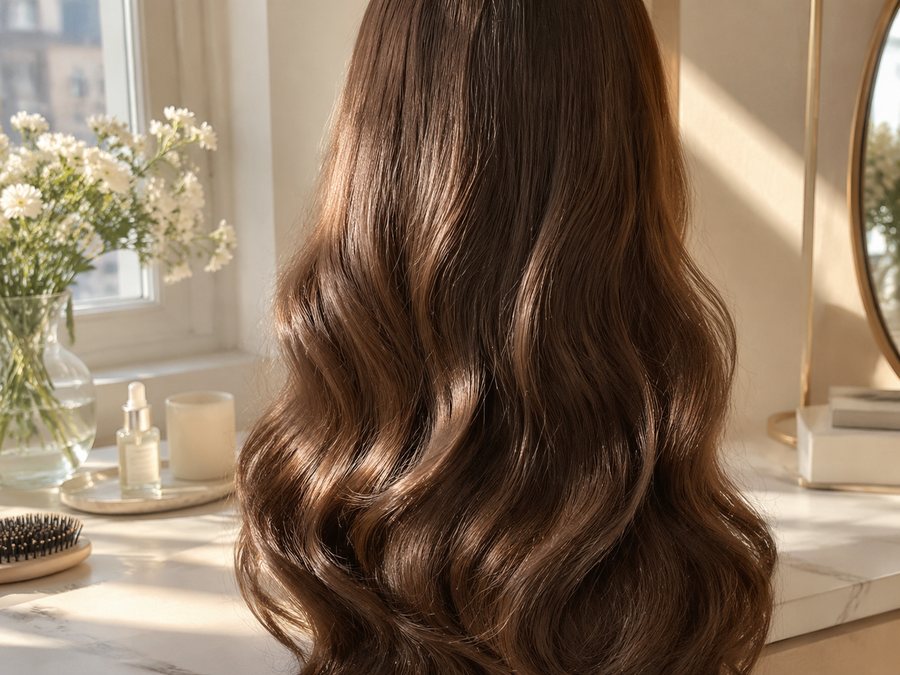 a close, soft-lit view of the same length of hair now glossy, voluminous and styled, no face